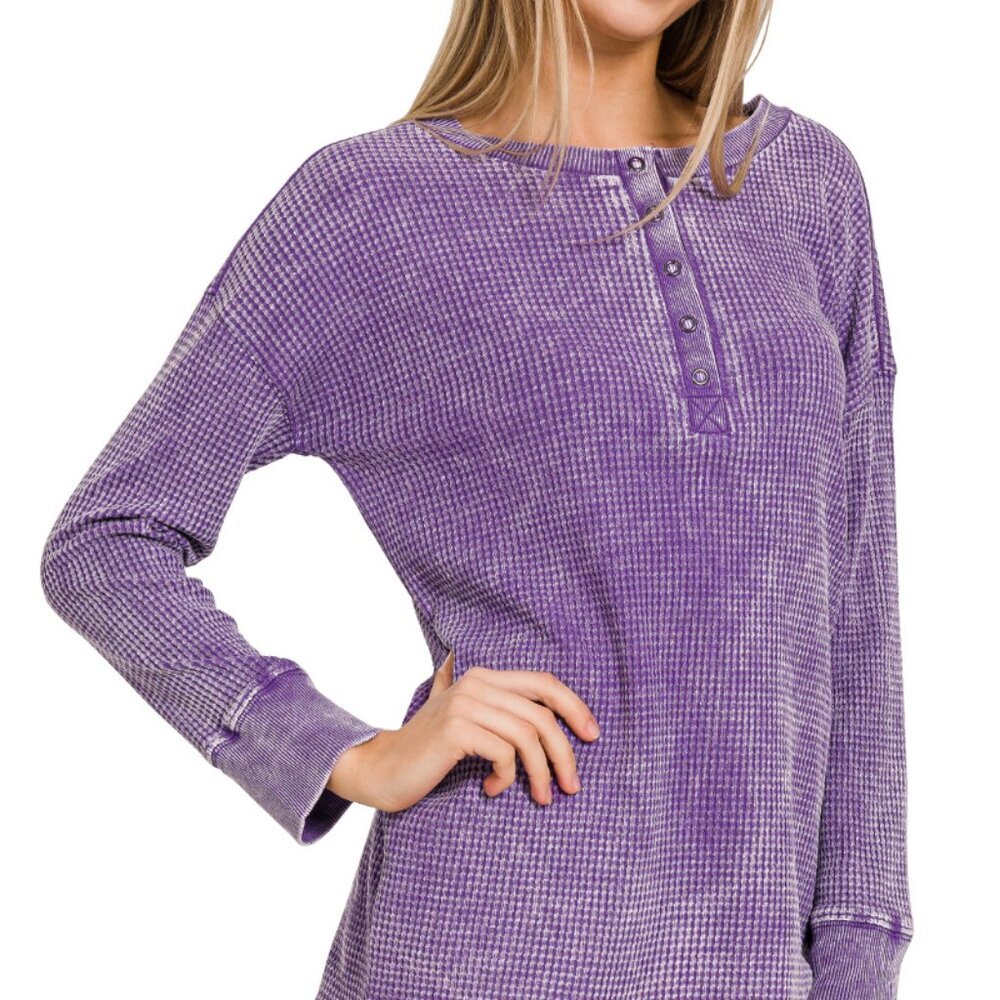 Zenana Washed Baby Waffle Henley Neckline Long Sleeve Top, Purple